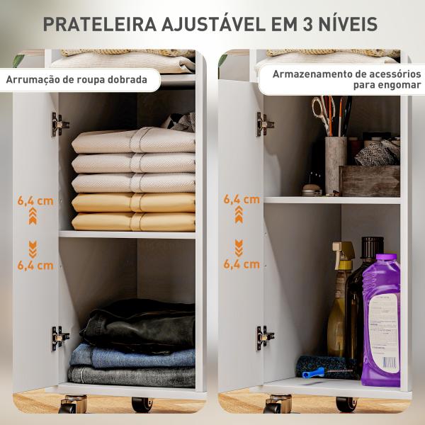 Móvel de Engomar Roupa com Rodas e Suporte Lateral Móvel com Tábua de Passar Barra para Roupa Prateleira 127,5x43,5x153 cm Branco