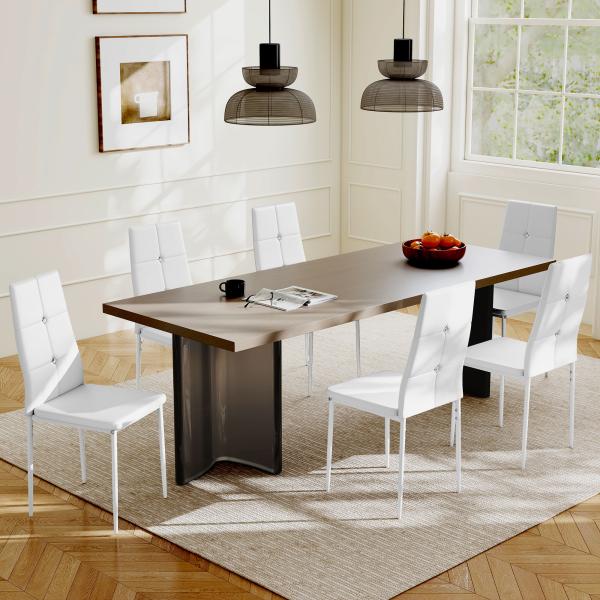 Conjunto de 6 Cadeiras de Sala de Jantar Estofadas em PU Cadeiras de Cozinha com Encosto Alto com Botões 41x50x97 cm Branco