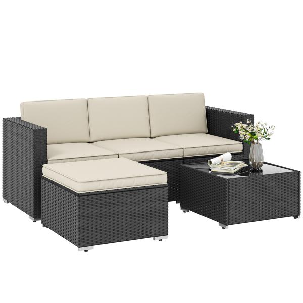 Conjunto de Móveis de Vime de Jardim 3 Peças Sofá de 3 Lugares com Almofadas e Mesa de Centro com Bancada de Vidro Preto e Bege