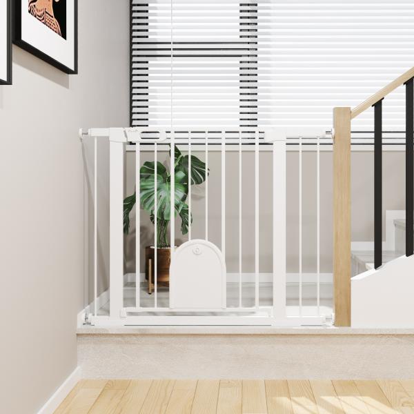 Barreira de Segurança de Cães Animais de Estimação para Escadas e Portas 75 - 103cm com 2 Extensões Fechamento Automático e Sistema de Duplo Bloqueio Aço Branco