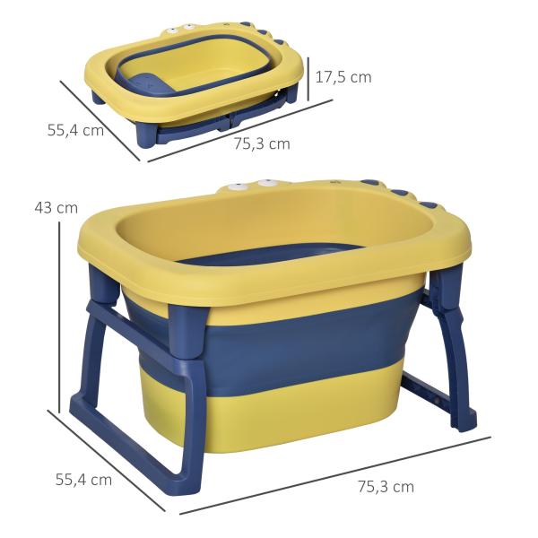 Banheira Dobrável para Bebé de 0 - 6 Anos Capacidade 105L Banheira Portátil para Crianças 75,3x55,4x43cm Amarelo e Azul