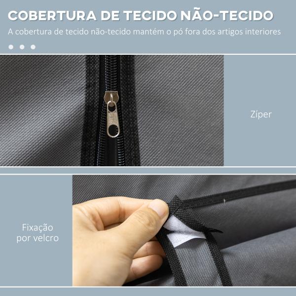 Roupeiro de Tecido Dobrável com 8 Prateleiras de Armazenamento e 2 Barras de Pendurar 125x43x162,5 cm Cinzento