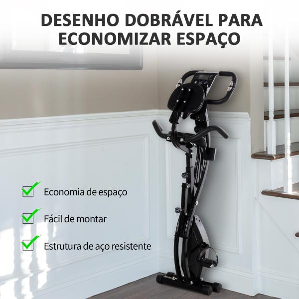 Bicicleta ergométrica dobrável ajustável em altura e resistência com tela LCD e assento com encosto 51x97x115 cm Preto
