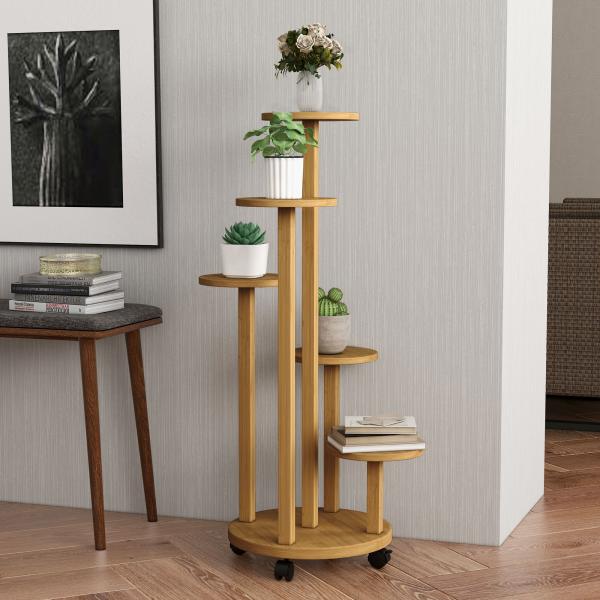 Suporte para Plantas em Bambu com Rodas de 5 Níveis Estante Redonda para Plantas para Cantos 33x33x90 cm Madeira