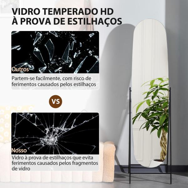 Espelho de Pé Arqueado 160x40 cm Espelho de Corpo Inteiro sem Moldura com Suporte de Metal Preto