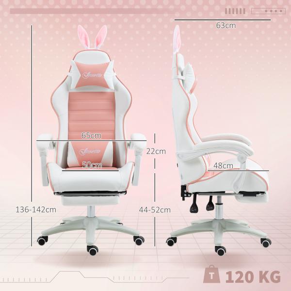 Cadeira Gaming Giratória de Couro PU com Altura Ajustável Inclinável 135° Apoio para a Cabeça 65x63x136 - 142 cm Rosa e Preto