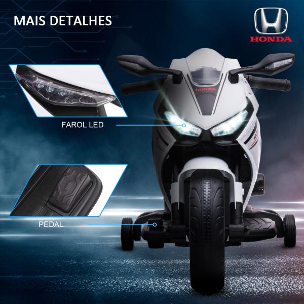Mota Elétrica com Licença HONDA para Crianças de 3 - 5 Anos Mota a Bateria 6V com Farol Buzina Música 90x44x52cm Branco
