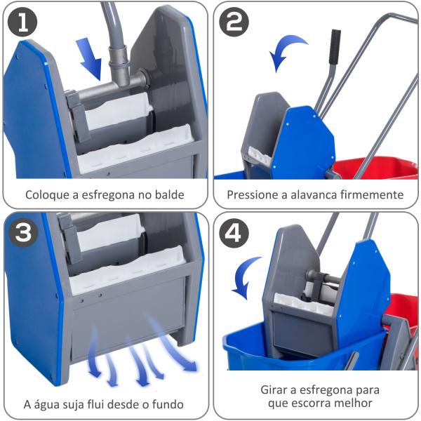 Carro de Limpeza Professional Carro de Limpeza de Metal com 2 Baldes de 25 Litros Removíveis Escorredor Manual e 4 Rodas 73x45x92cm Vermelho e Azul