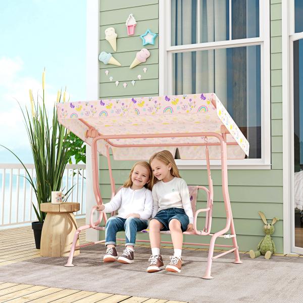 Baloiço de Jardim para Crianças com 2 Lugares Toldo Ajustável Cinto de Segurança e Desenho de Borboletas 112x75x120 cm Rosa