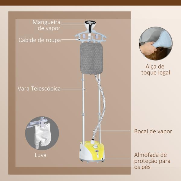 Ferro de Engomar a Vapor 1800W Temperatura Ajustável 11 Níveis Depósito de 2 L Aquecimento em 38s 35x25x47 - 118,5 cm Amarelo