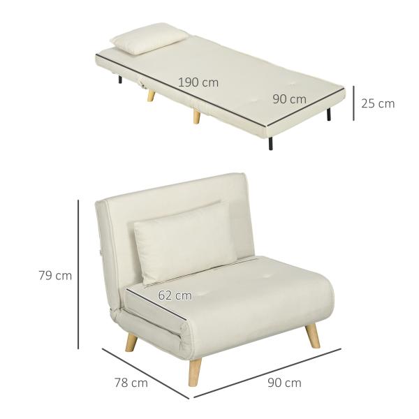 Poltrona 2 em 1 Sofá Cama Individual Dobrável com Encosto Ajustável e Almofada Carga 125 kg 90x78x79 cm Bege