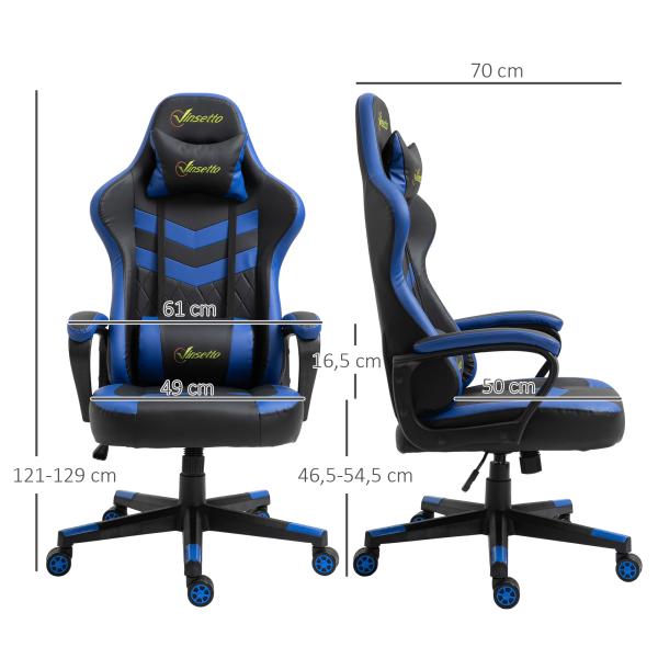 Cadeira Gaming Cadeira de Escritório Ergonómica com Altura Regulável Basculante Apoio de Cabeça 61x70x121 - 129 cm Azul