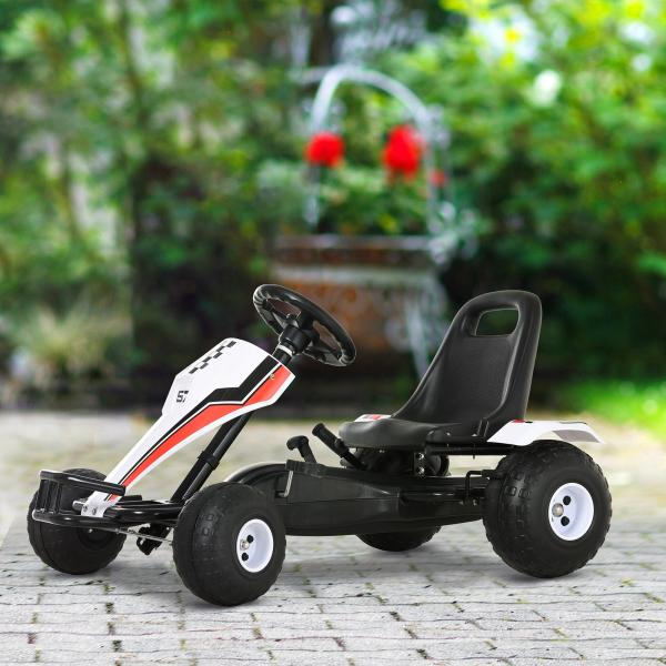 Go Kart a Pedais para Crianças acima de 3 Anos Carro de Pedais Infantil com Assento Ajustável e Freio de Mão 104x66x57cm Branco e Preto