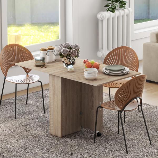 Mesa de Sala de Jantar Dobrável Mesa de Madeira com 2 Prateleiras de Armazenamento e Rodas para Cozinha 75x140x74 cm Madeira