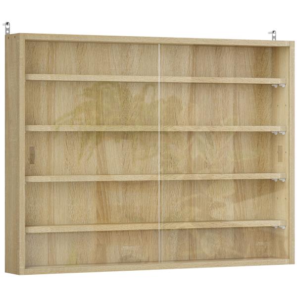 Vitrine de Parede de Madeira com Prateleiras Ajustáveis e 2 Portas Corredeiras de Vidro para Coleções 80x9,5x60 cm Carvalho
