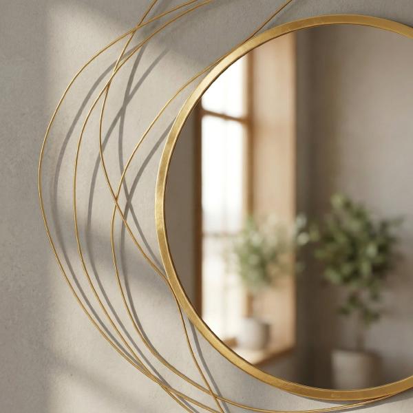 Espelho Decorativo de Parede Adorno de Parede Metálico Ø65 cm com Ganchos para Sala de Estar Quarto Corredor Dourado