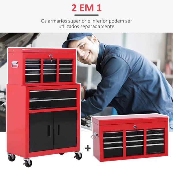 Carrinho de Ferramentas com Baú Superior 6 Gavetas Armário Fechadura e 4 Ganchos para Garagem 61,6x33x108 cm Vermelho