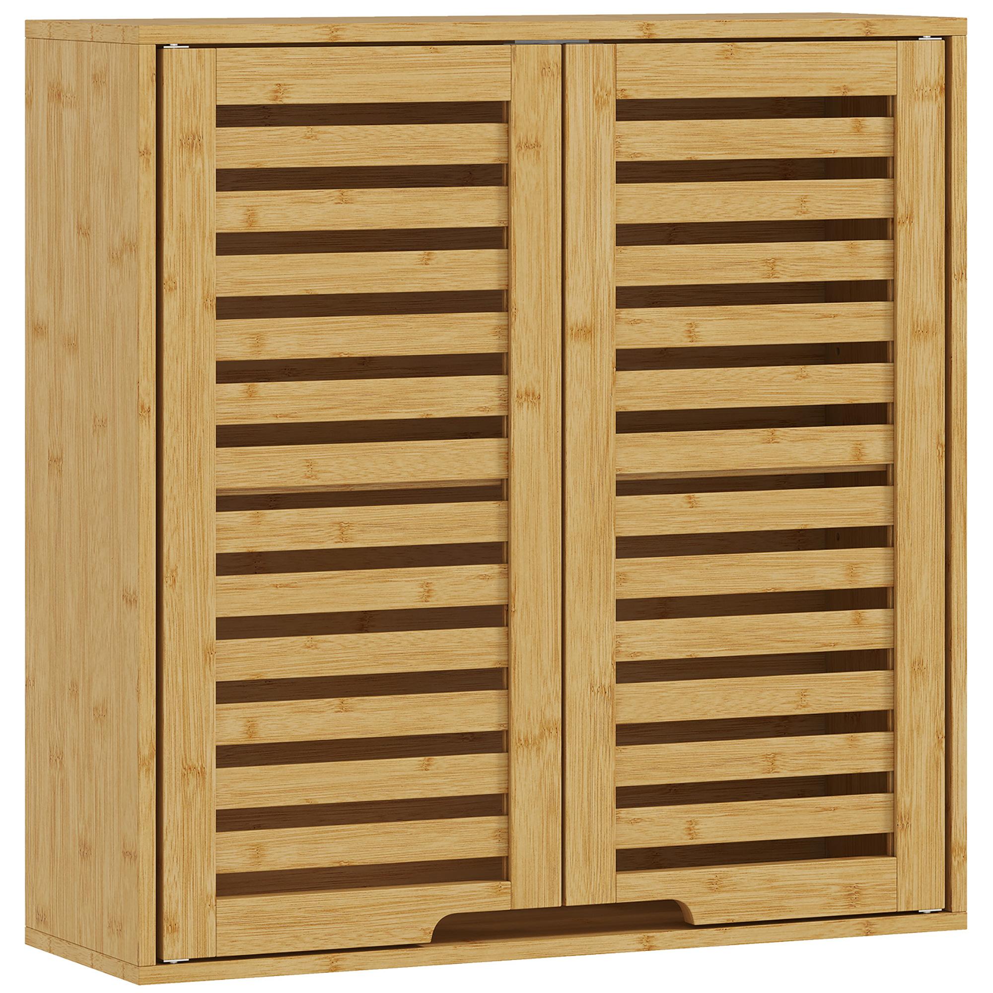Armário de Parede de Bambu Móvel de Casa de Banho Suspenso com Prateleira Ajustável Portas de Ripas 60x20x60 cm Madeira