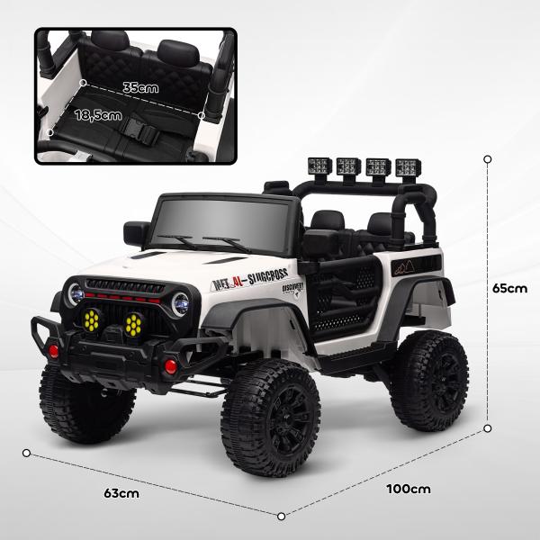 Carro Elétrico para Crianças com Bateria de 12V Controlo Remoto Faróis LED Buzina e Música 100x63x65 cm Branco