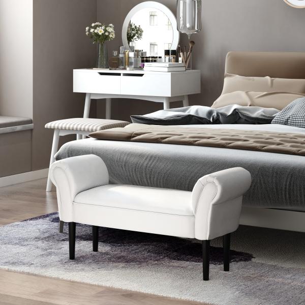 Banco de Pé de Cama Banco com Braços Curvados Estofado e Pés de Madeira Carga Máxima 130kg 102x31x51cm Branco