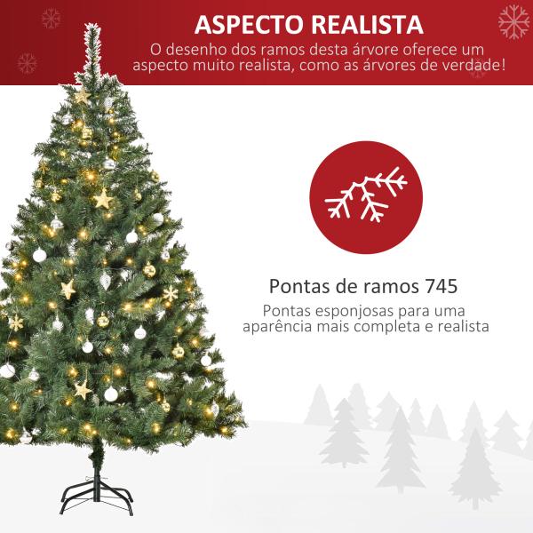 Árvore de Natal Artificial com 745 Ramos 200 Luzes LED com Cor Branco Quente Suporte e Decorações Incluídas Ø112x180cm Verde