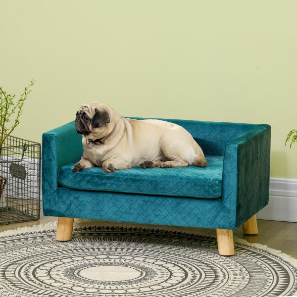 Sofá para Cães Pequenos 64x45x36 cm em Veludo com Almofada Lavável e Pés em Madeira de Bétula Azul Esverdeado