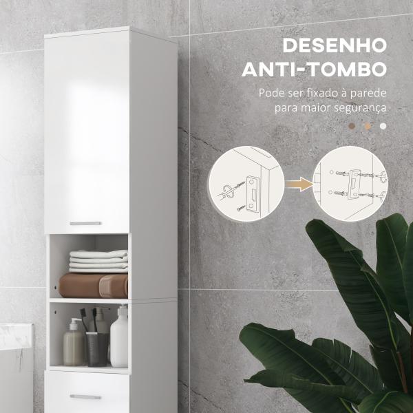 Coluna Casa de Banho Moderna com 1 Gaveta 3 Prateleiras Ajustáveis e 2 Armários Móvel Auxiliar de para Casa de Banho 30x30x180 cm Branco