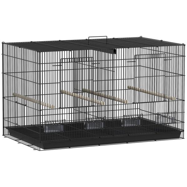 Gaiola para Pássaros com Divisória Gaiola para Aves com 4 Comedouros 4 Poleiros e Bandeja Amovível 76x46x46 cm Preto