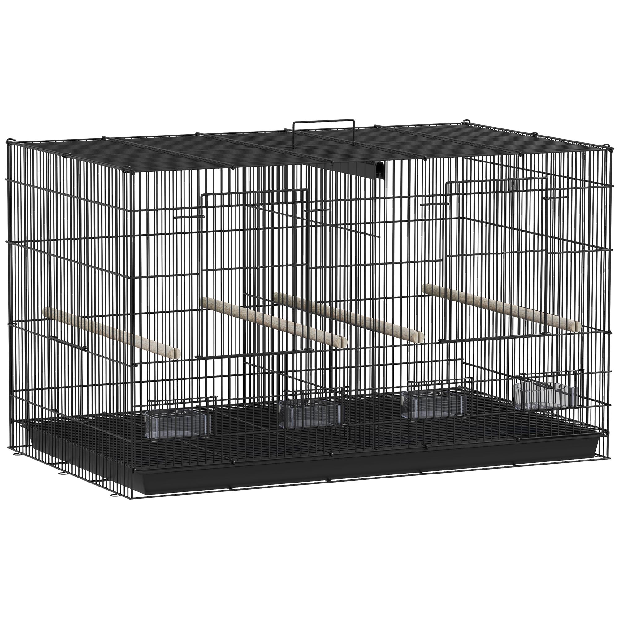 Gaiola para Pássaros com Divisória Gaiola para Aves com 4 Comedouros 4 Poleiros e Bandeja Amovível 76x46x46 cm Preto