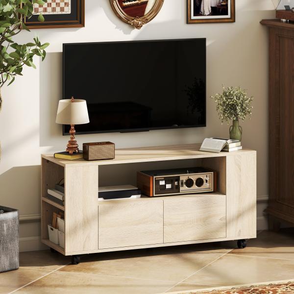 Móvel de TV com Rodas para Televisão até 42 Polegadas com 2 Gavetas Prateleiras Ajustáveis 102x34,5x48,5 cm Madeira