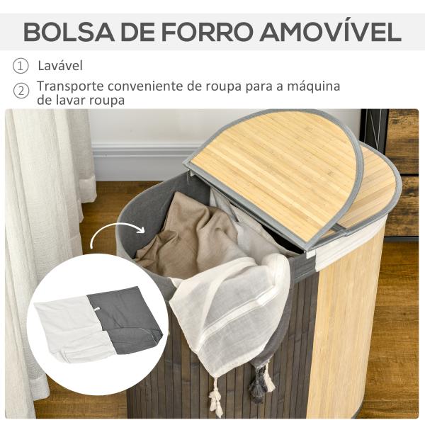 Cesto de Roupa de Bambu Capacidade de 100L com Tampa Rebatível e 2 Compartimentos 62,5x37x60,5cm Cinza e Madeira