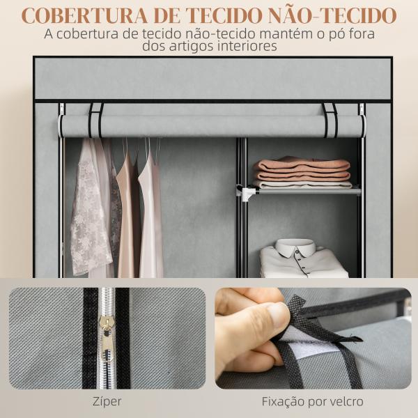 Roupeiro de Tecido Dobrável com 6 Prateleiras e 1 Barra de Pendurar para Dormitório Vestidor 103x43x162,5cm Cinza