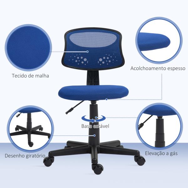 Cadeira de Escritório sem Apoio para os Braços com Encosto de Malha Respirável Altura Ajustável 43x48x78 - 88 cm Azul