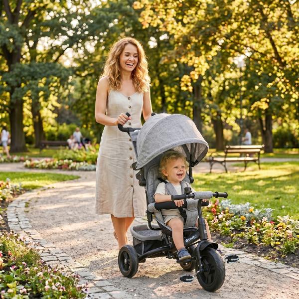 Triciclo para Bebés 2 em 1 de +12 Meses com Capota Dobrável Guiador Telescópico e Removível Bolsa e Porta - garrafas Cinza