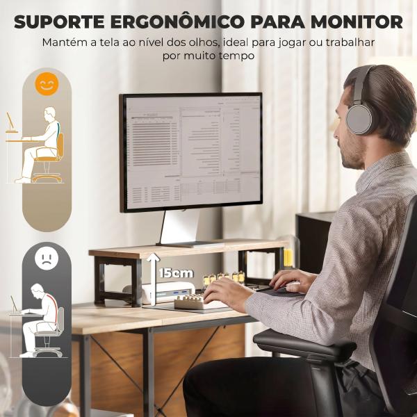 Secretária de Canto Reversível em L 168 - 240 cm Industrial com Suporte para Monitor e CPU, Prateleiras e Bolsa Lateral, Natural