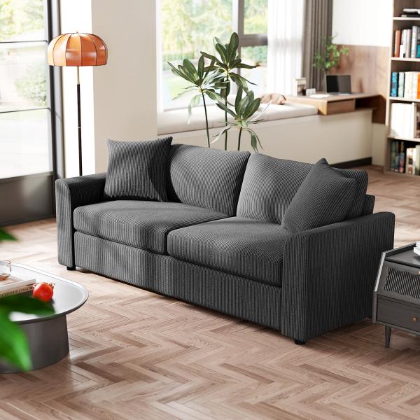 Sofá de 3 Lugares Sofá Sala de Estar 212x80x88 cm Estofado em Veludo Canelado com 2 Almofadas Desenho Moderno Cinzento