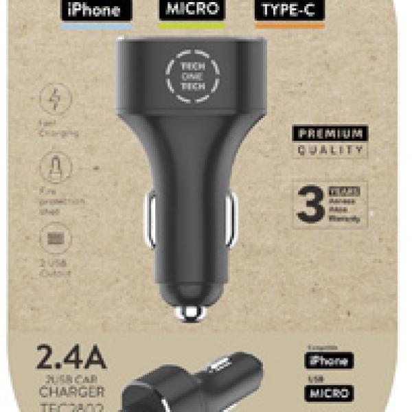 Carregador Duplo 2.4A Micro - USB/Type - C (Preto) - TECH ON TECH