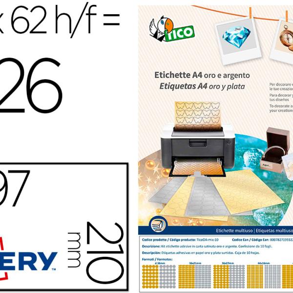 Etiqueta Adesiva Tico Papel Acetinado Ouro/Prata Laser Medidas Sortidas Pack 626 Etiquetas - AVERY