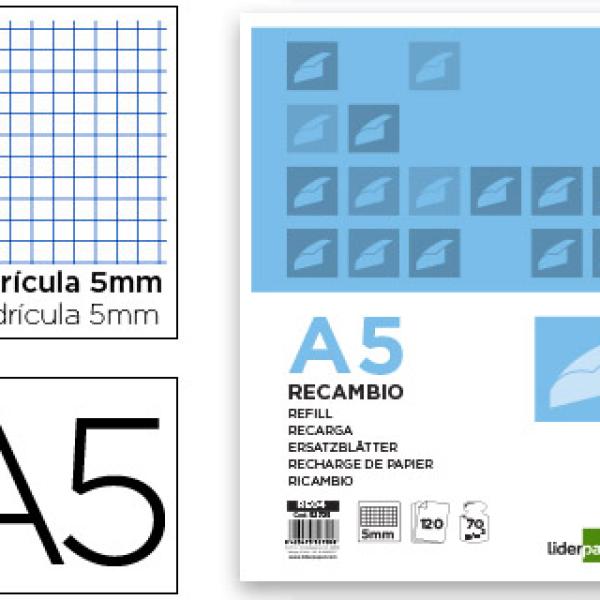 Recarga Din A5 120+20 Folhas Quadriculado 5 mm 6 Furos s/ Margem Bandas 5 Cores Papel 70g