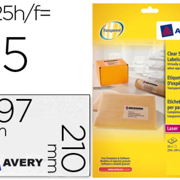 Etiquetas Adesivas Avery Din A4 Imprimiveis Transparente 210X297 mm (25 Folhas) c/25 Etiquetas