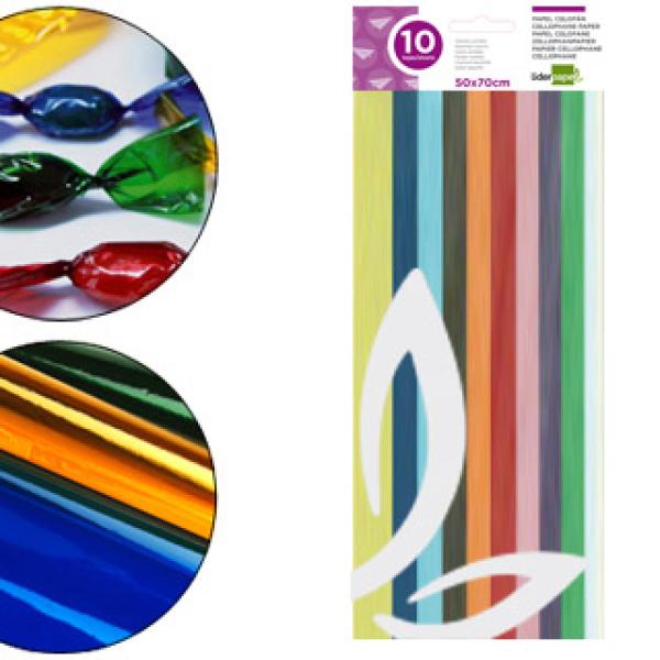 Papel Celofane 50X70 cm 22G/M2 Bolsa de 10 Folhas Cores Sortidas