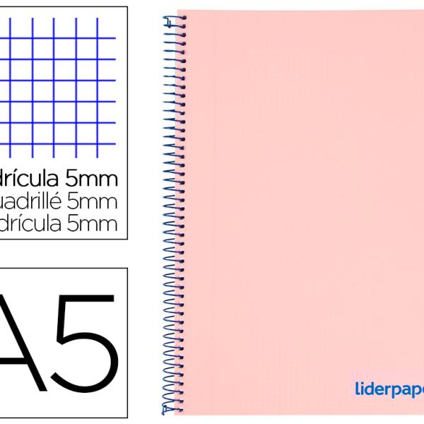 Caderno Espiral Din A5 Wonder Capa Plastico 120F 9 Gr Quadricula 5Mm 5 Bandas De Cores 6 Furos Rosa
