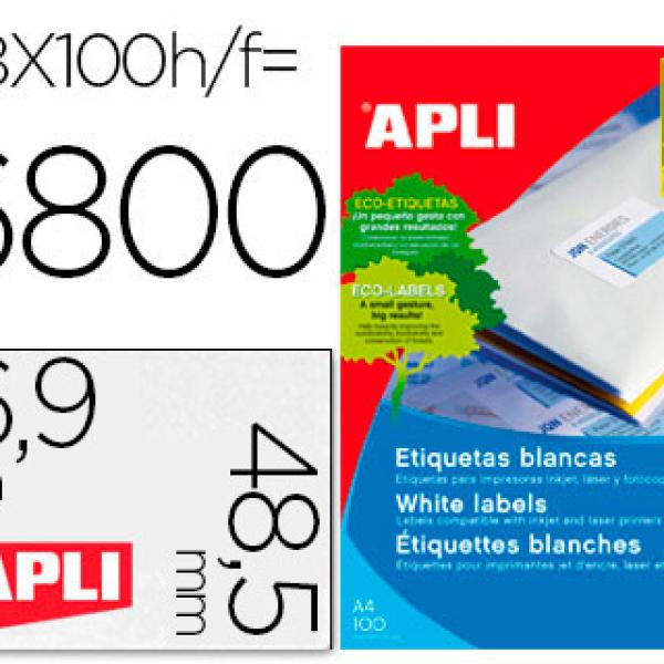 Etiquetas Adesivas Apli 01282 Medidas 48,5X169 mm p/Impressão Caixa de 100F A4 6800 Etiquetas