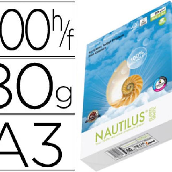 Papel Fotocopia Nautilus Superwhite 100% Reciclado Din A3 80 Gr (500 Folhas)