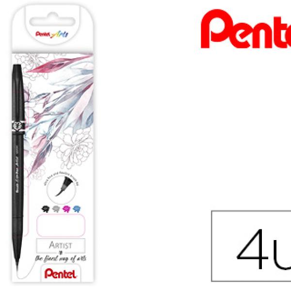 Caneta Pincel Pentel Artist em Blister de 4 Cores Preto, Cinza, Azul Ceu e Rosa