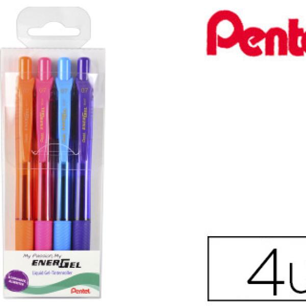 Roller Pentel Energel Bl107 em Blister de 4 Unidades Cores Laranja, Roxo, Azul Ceu e Rosa