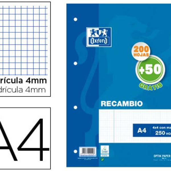 Recarga Oxford Din A4 200 + 50 Folhas Gratis Quadricula 4 mm c/ Margem