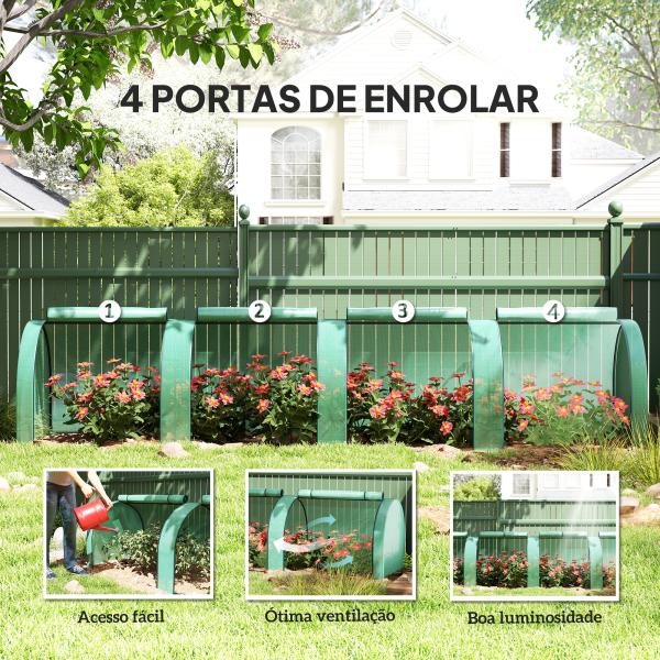 Estufa Pequena para Jardim, Cultivo de Plantas, com 4 Janelas Enroláveis, 400x100x80 cm, Verde