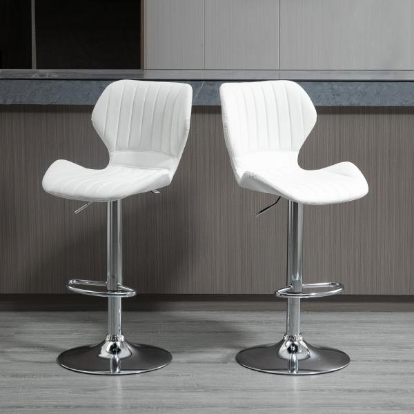 Conjunto de 2 Bancos de Bar Bancos Altos de Cozinha Giratório Altura Ajustável 91,5 - 113,5cm com Apoio para os Pés e Base de Metal Ø41 cm Branco