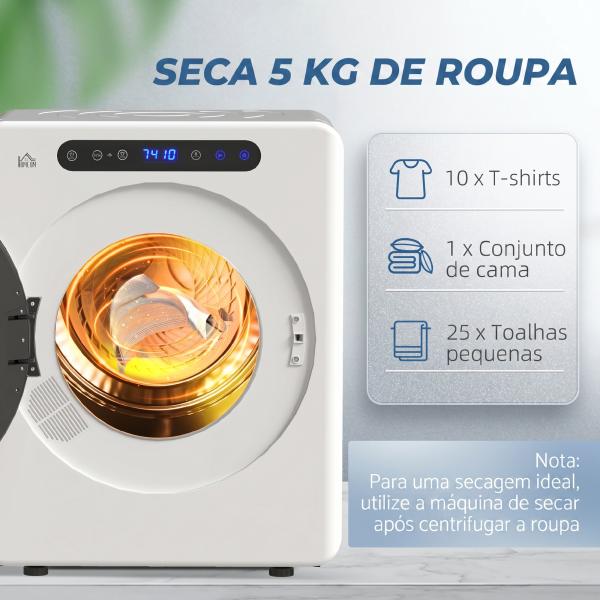 Máquina de Secar 3 KG 1000W Função Antirrugas Função Esterilizar Temporizador Ecrã LED Tátil Tambor Aço Inoxidável 49x43x61 cm Branco